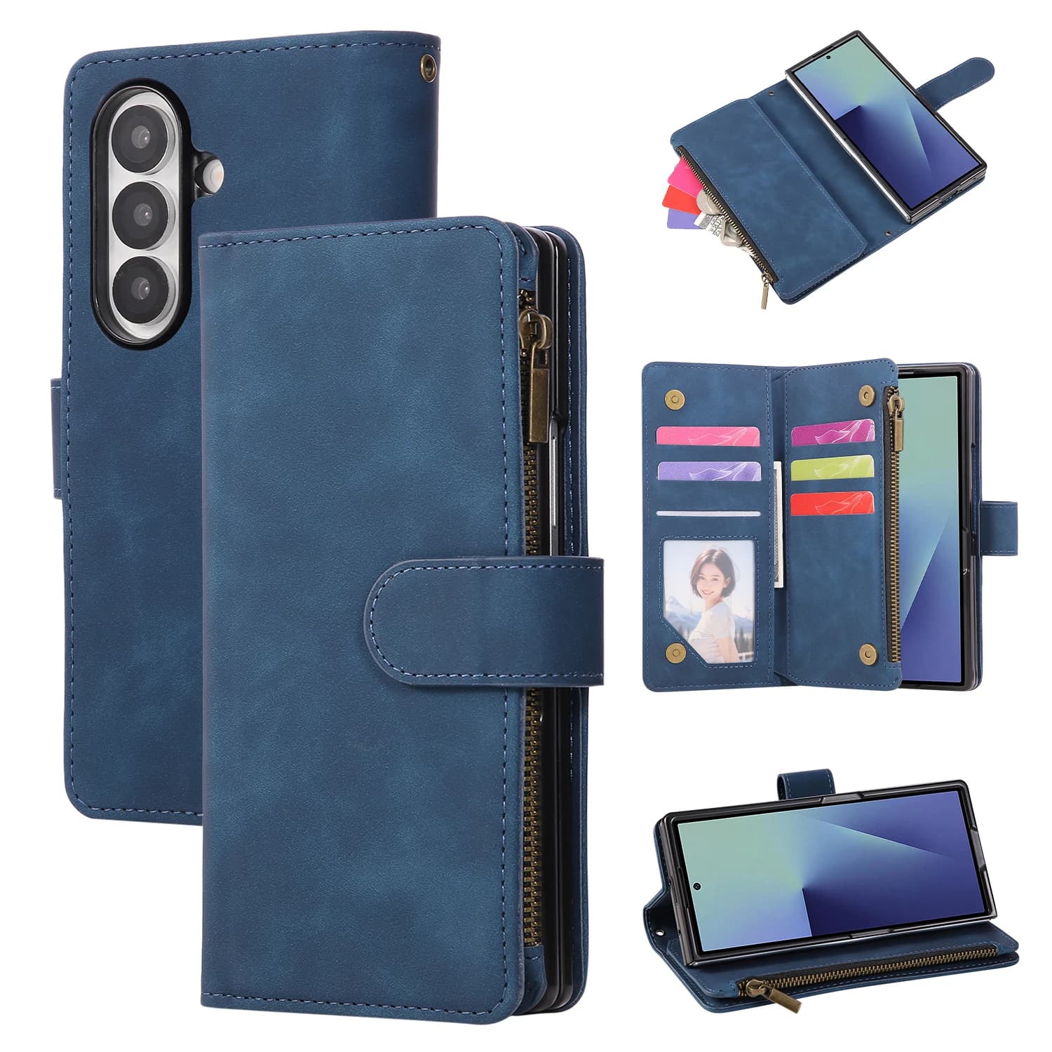 Custodia a portafoglio in pelle con cerniera magnetica per Samsung Galaxy Z Fold 7 6 5 4 3 5G Fold7 Fold6, con slot multi-card e funzione stand