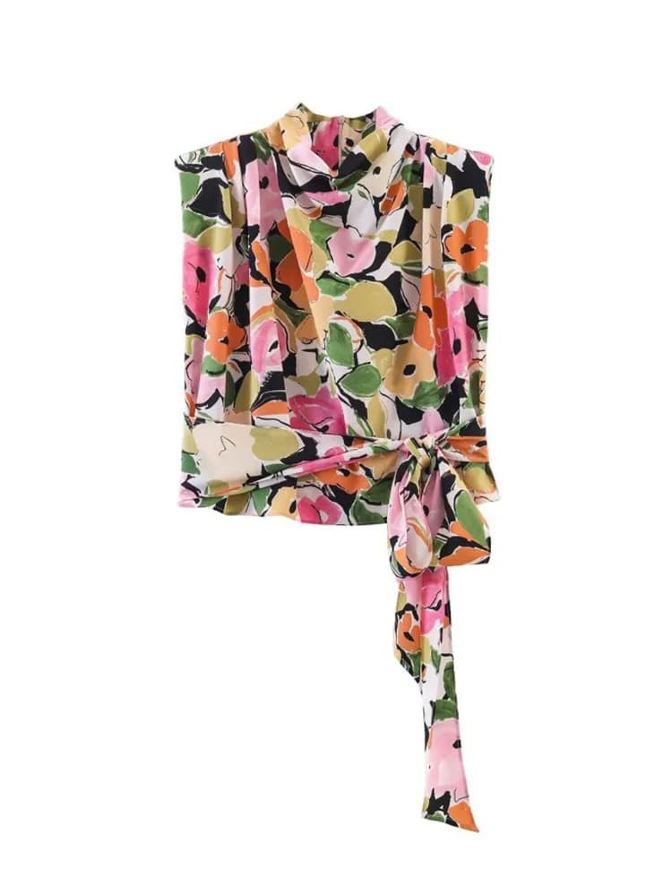 Camicette e Top da Donna 2026, Stampa Floreale Vintage con Fiocco Regolabile, Senza Maniche, Elegante Top da Strada Femminile