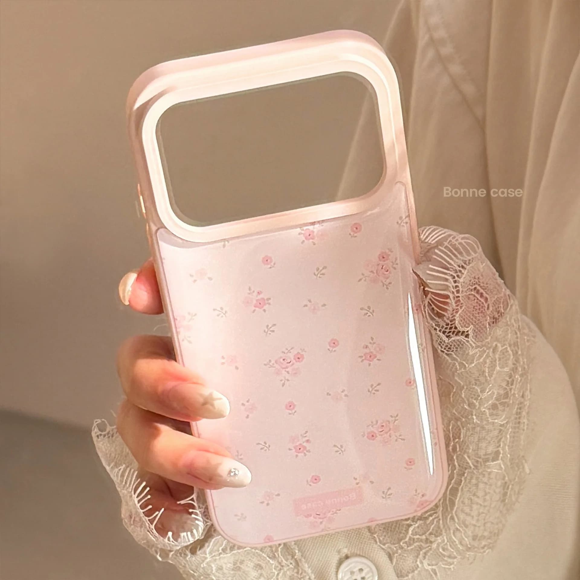 Korean Rigida Protective Case with Flowers in Full Screen and Pink Edge for iPhone 17 Air 16 15 14 13 Pro Max