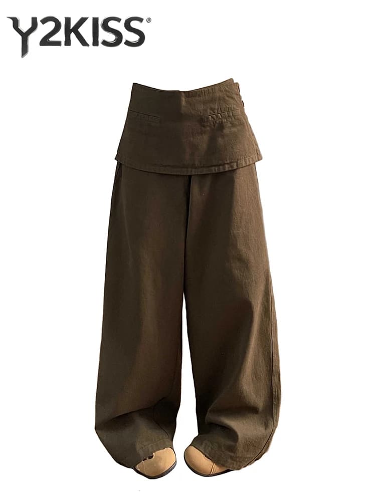 Women's Baggy Jean Fake Two Pieces Maillard Wide Fit Denim Pants Y2K High Street American Retro Cowboy Designer Japanese Harajuk