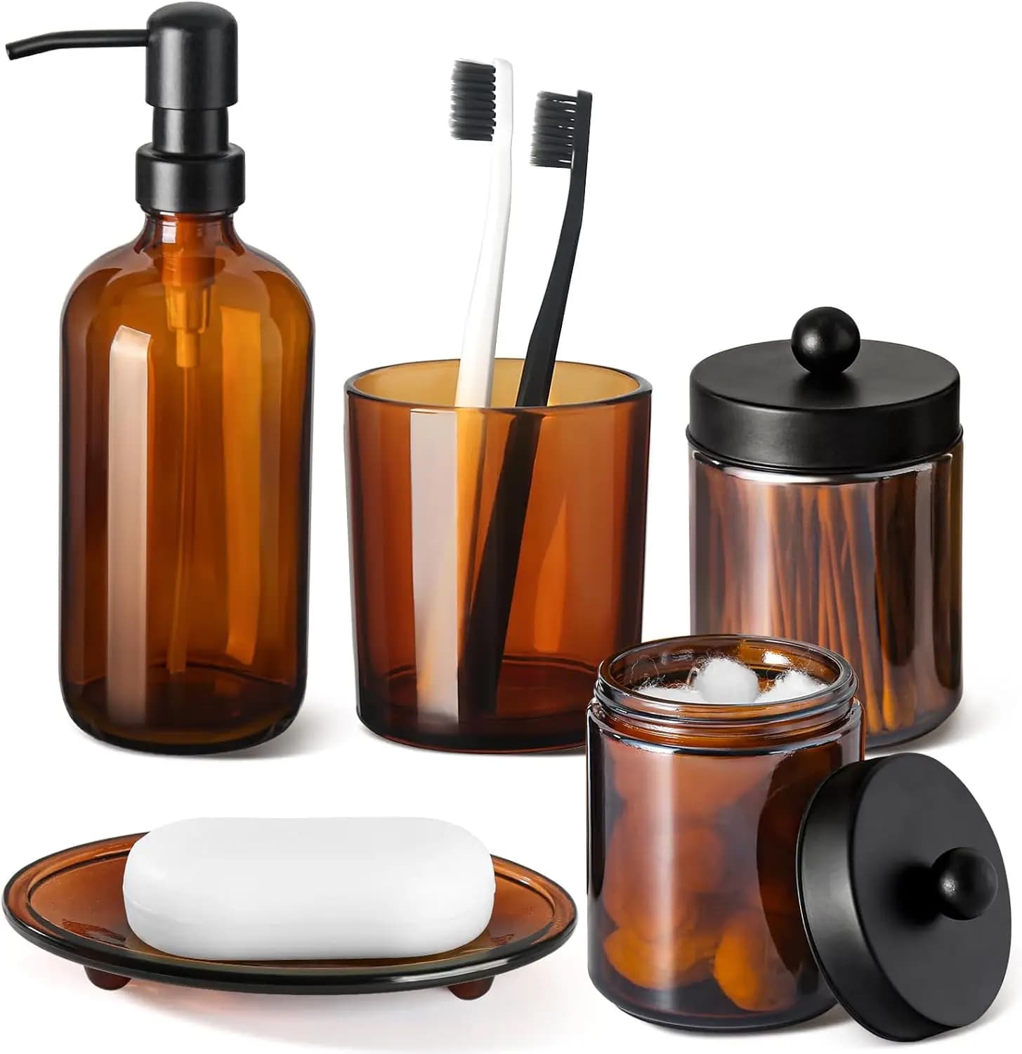 Set da Bagno in Vetro Ambrato da 5 Pezzi con Dispenser Sapone, Porta Spazzolini e Etichette per Arredamento Rustico Moderno