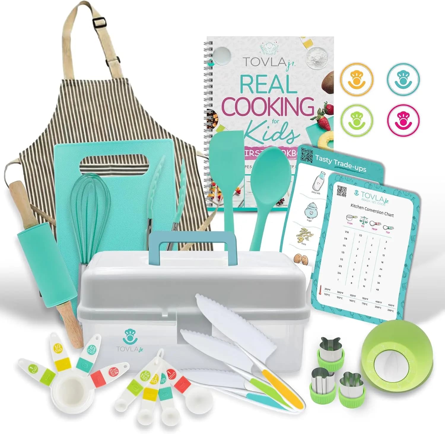 Set Completo per Cucinare e Cuocere per Bambini con Utensili Sicuri, Grembiule, Libro di Cucina e Contenitore - Regalo Perfetto per Ragazzi e Ragazze