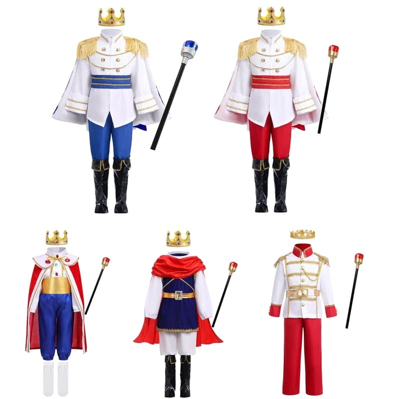 7 pezzi Costume da carnevale per ragazzi Re Principe reale medievale Set completo di abiti per Halloween Festa di compleanno Carnevale Fancy Dress Up