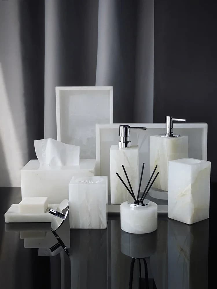 Accessori per il bagno in marmo naturale onice bianco Dispenser di sapone di lusso Contenitore per tamponi di cotone Vassoio diffusore per ance Set da bagno