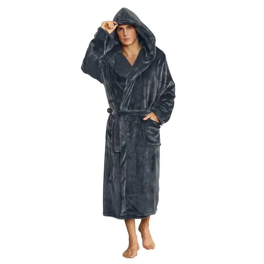 Bathrobe with Hood, Plush for Men, Long Bathrobe in Pile