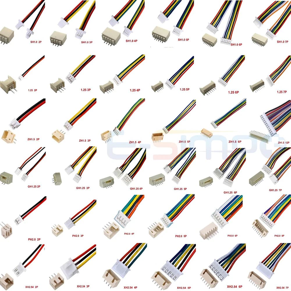 Set da 10 Connettori Femmina SH1.0 1.25 ZH1.5 PH2.0 XH2.54 con Cavo da 10/20/30cm + Pin Maschio 2/3/4/5/6/7/8/9/10/12P Wafer