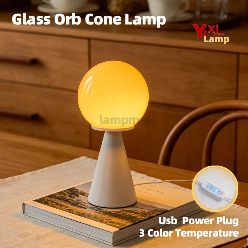 Murano Glass Orb Cone Table Lamp, Bauhaus Minimalist Bedside Lamp, Decor Desk Light for Bedroom, Dorm & Living Room