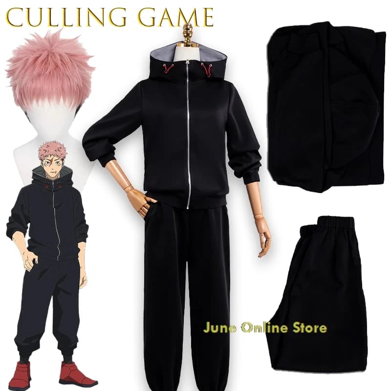 Donna Uomo Anime Gioco di ruolo Jujuu JJK Anime Itadori Yuji Costume cosplay Parrucca Ultimi pantaloni con cappuccio Halloween
