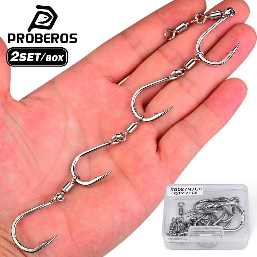 PROBEROS 2Set/Box Triple Assist Hook with Bead Swivels High Carbon Steel Barbed Hook Slow Pitch Jigging Saltwater Fishing Tackle