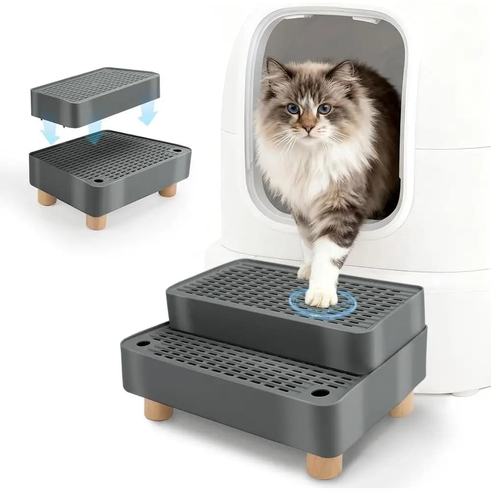 Lettiera per Gatti in Legno a 2 Gradini con Pedale, Doppio Strato Trappola per la Sabbia, Ideale per Gatti Piccoli e Anziani, Antiscivolo (Grigio K)