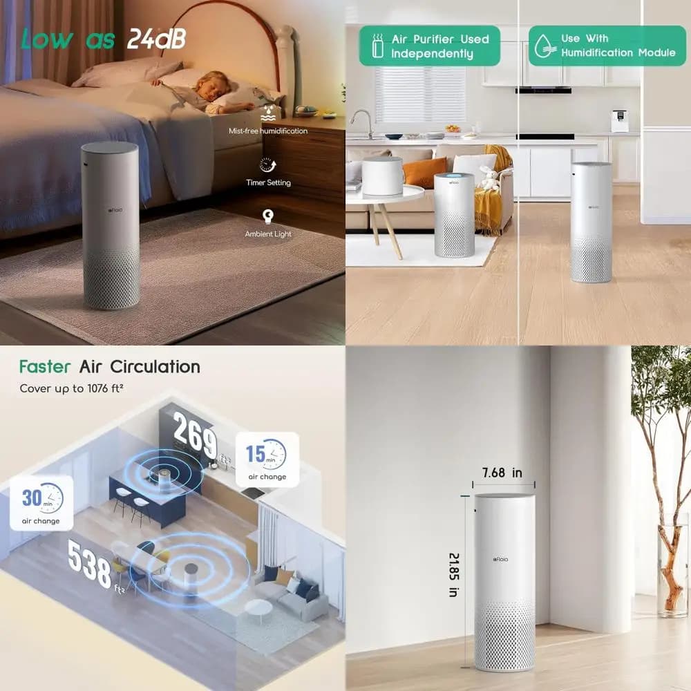 Purificatore d'Aria e Umidificatore Dual-Funzione, Ultra Silenzioso, Rimuove il 99,99% di Fumo e Polline per Camere da Letto