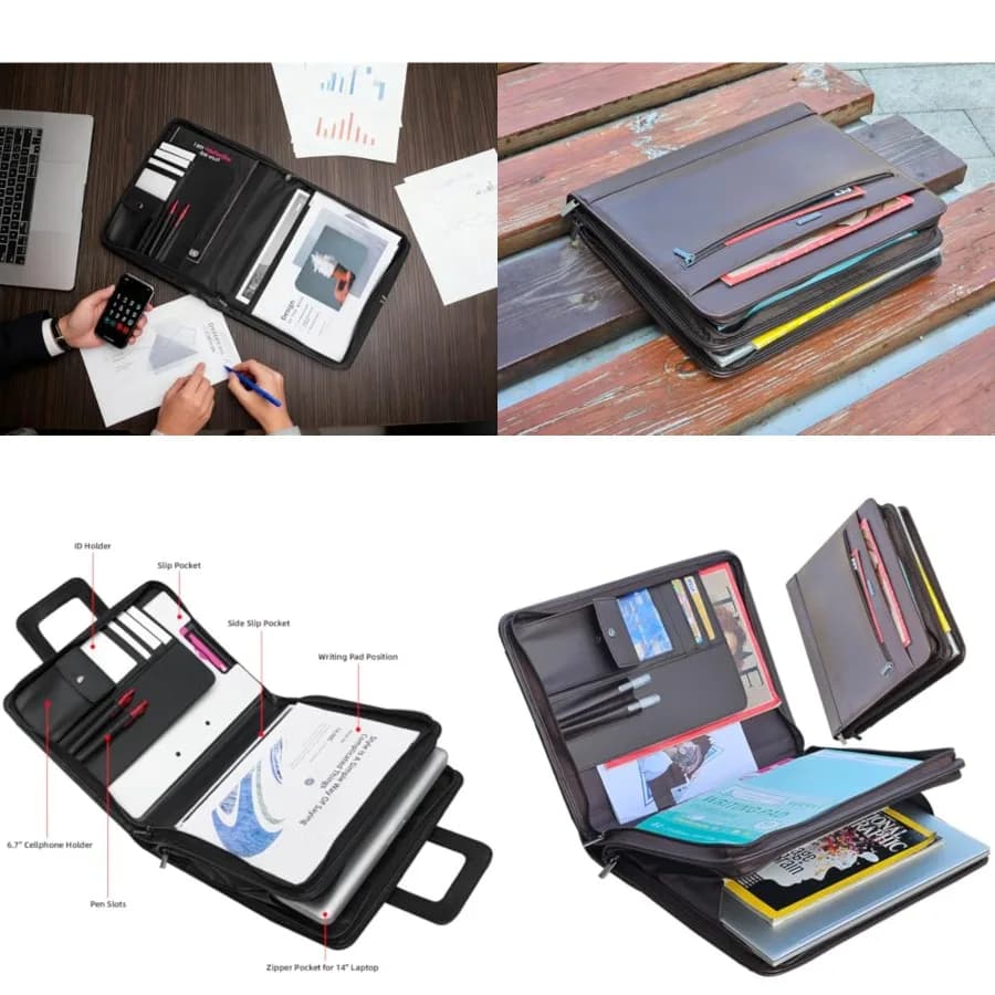 14" Laptop Briefcase, Vegan Leather Portfolio with Zipper Compartments x 2, A4 Papers Holder Padfolio Organizer