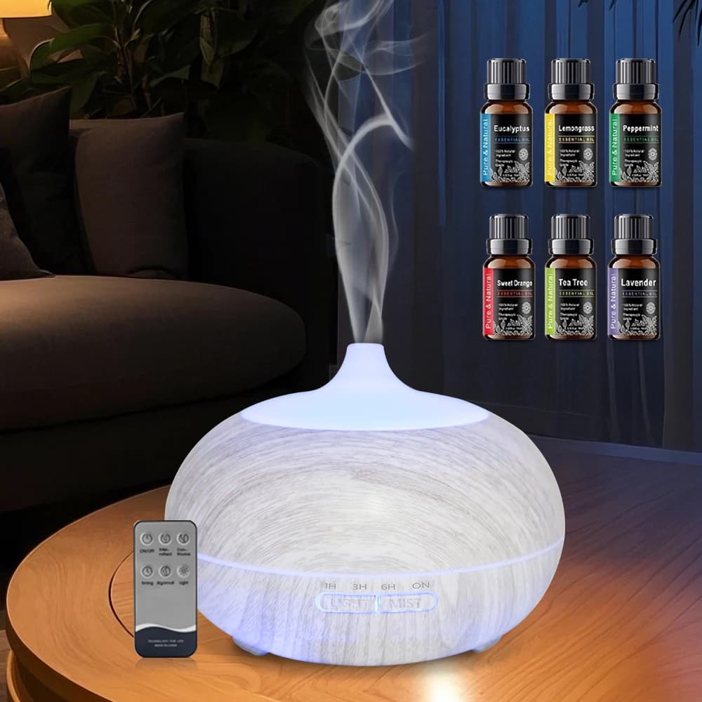 Diffusore per aromaterapia con venature del legno da 550 ml con telecomando, 6 oli essenziali e luce LED a 7 colori