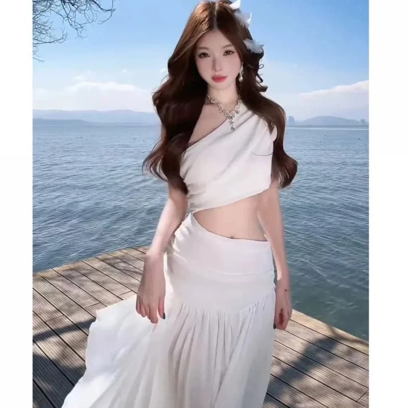 Elegant White Off-Shoulder Waist-Baring Dress for Women Beach Vacation Atmosphere Super Fairy Long Skirt City Walk Other Style