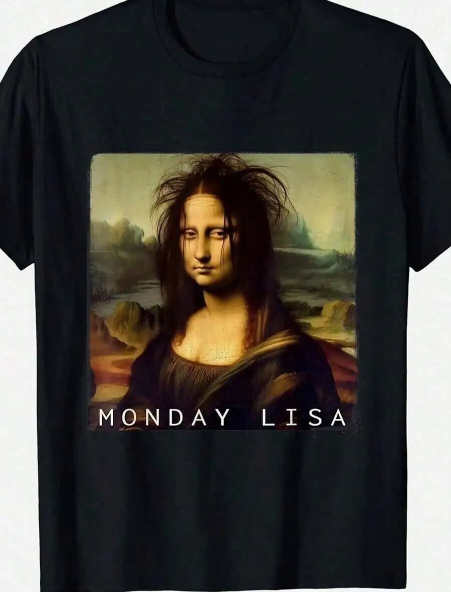 Funny Monday Mona Lisa Parody Graphic T-Shirt - Humorous Art-Inspired Design, 200G Soft Stretch Fabric, Loose Fit Unisex Tee Men 100% Cotton Trendy Y2K Short-Sleeve Tee-Soft, Quick-Drying, Moisture-Wicking, Great Gift for Christmas or Halloween.