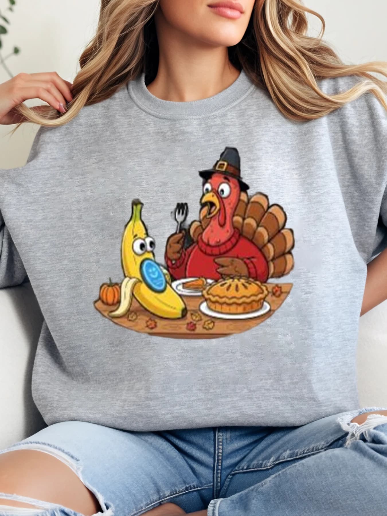 Turkey and banana print sweatshirt for Thanksgiving Women Casual Autumn Holiday Clothing Grey Plus Size