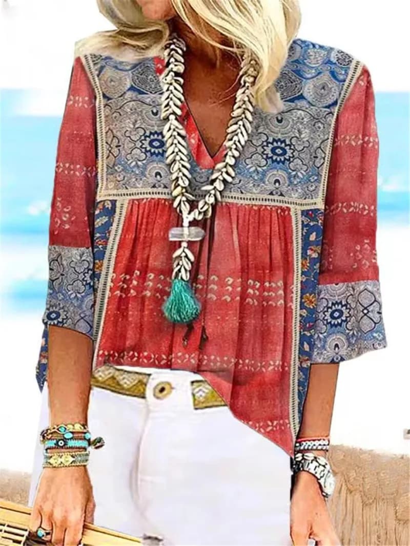 T-shirt da donna stampata con maniche a sette quarti con scollo a V casual Top stampato da donna Top stampato alla moda estiva per le donne