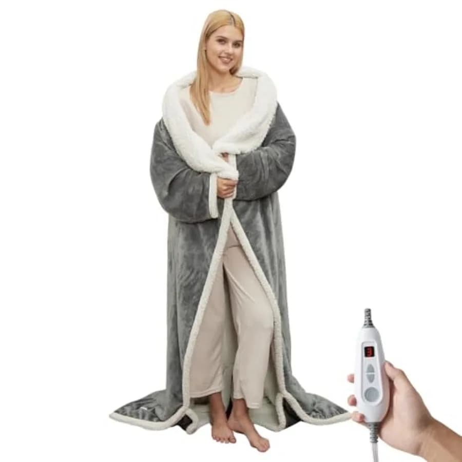 Coperta Riscaldante Indossabile con Tasca per i Piedi, Coperta Elettrica con Maniche, 6 Livelli di Riscaldamento e Impostazioni di Tempo 2/4/8/10 Ore