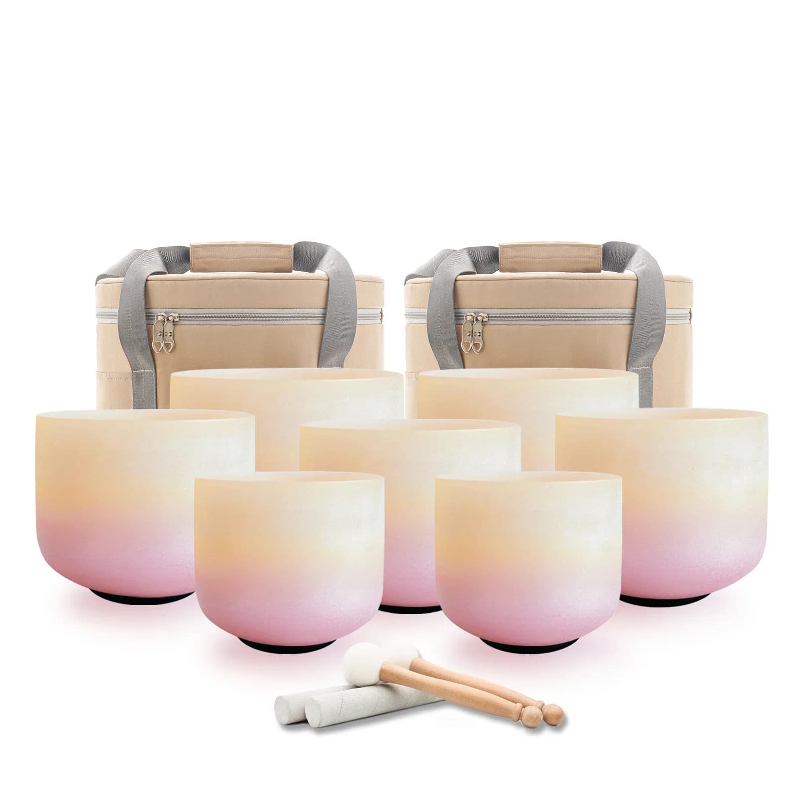 7-12inch Pink Crystal Singing Bowl Set of 7pcs Colored Quartz Frosted Meditation Sound Bowls with Carry Case