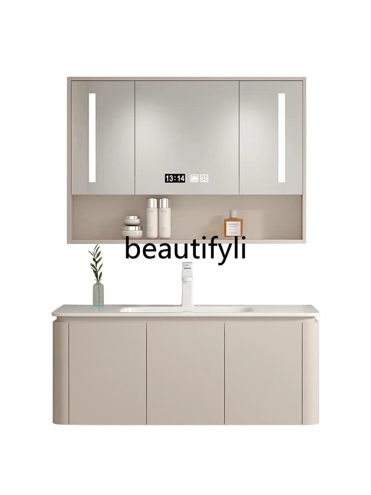 Lavabo integrato in ceramica color crema, combinazione di mobili da bagno, set di specchi intelligenti, lavabo per bagno domestico