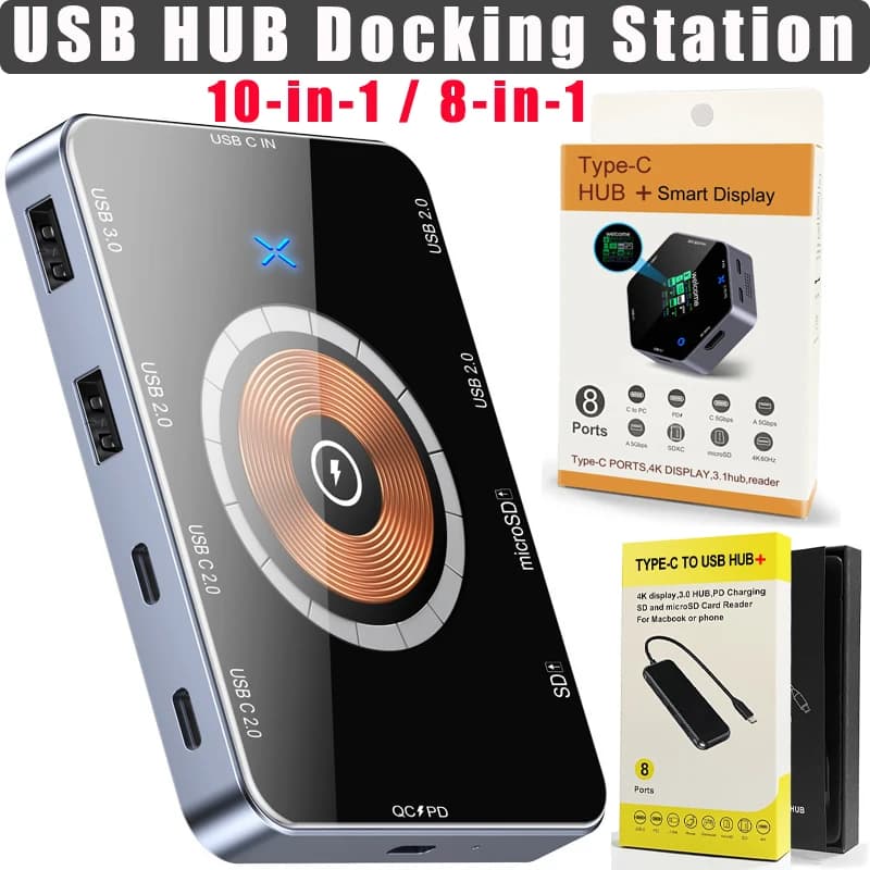 Docking Station 8-in-1, Hub USB 10-in-1, Hub Type-C 3.1 a HDMI 4K, USB 3.0, Ricarica PD 100W, Splitter USB per Macbook Air/Pro Laptop