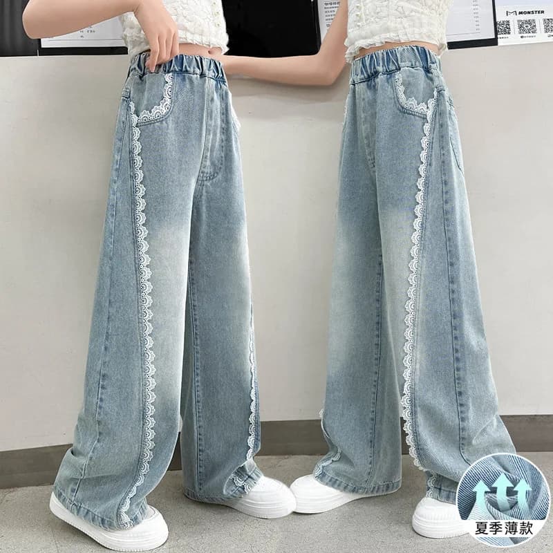 Jeans moda per ragazze adolescenti Pantaloni estivi per bambini con striscia laterale sottile Pantaloni larghi per bambini Tween Pantaloni casual per bambini