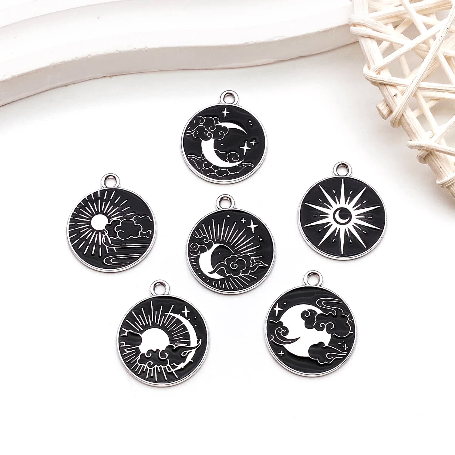 【Night Sky Kit】3/6pcs Matte Enamel Charms - Stars, Crescents & Clouds for DIY Necklaces/Bracelets/Earrings (Black & White)