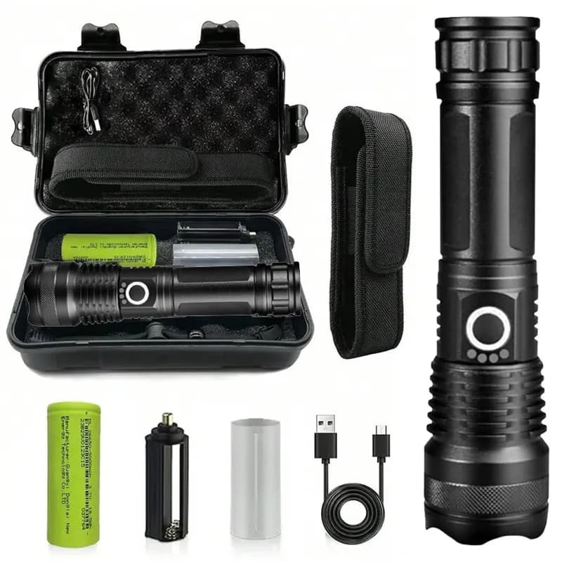 Aluminum Alloy Rechargeable Flashlight High Power Waterproof Zoomable Flashlight With Storage Box