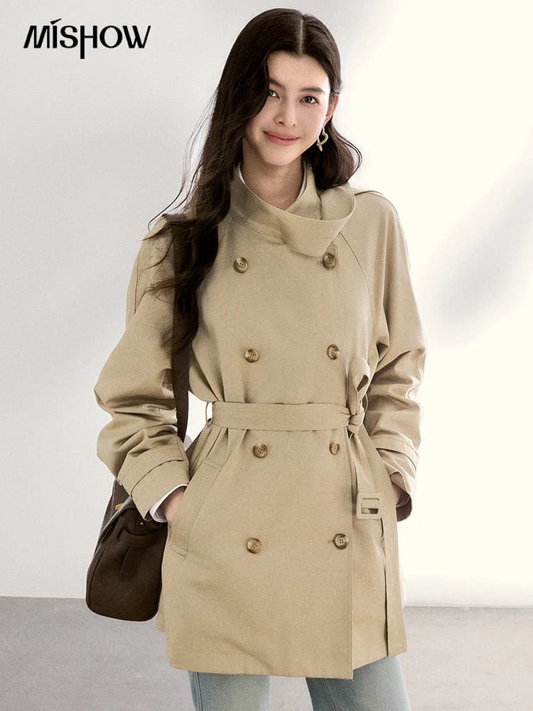 MISHOW Women's Double-Breasted Trench Coat 2026 Spring Belted Lapel Trench Long Sleeve Casual Mid-Length Outerwear MXF11W1031