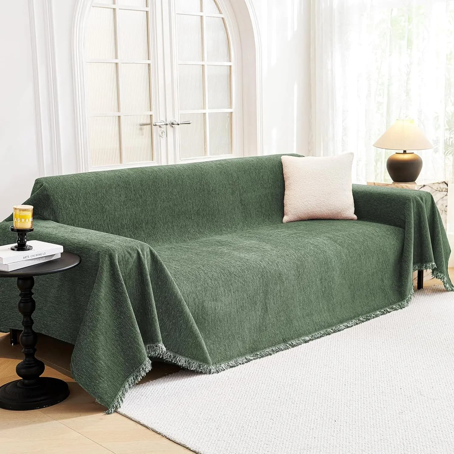 Copridivano Antiscivolo per Animali Domestici, Protezione Lavabile per Mobili con Nappe, 231x300 cm, Verde Muschio