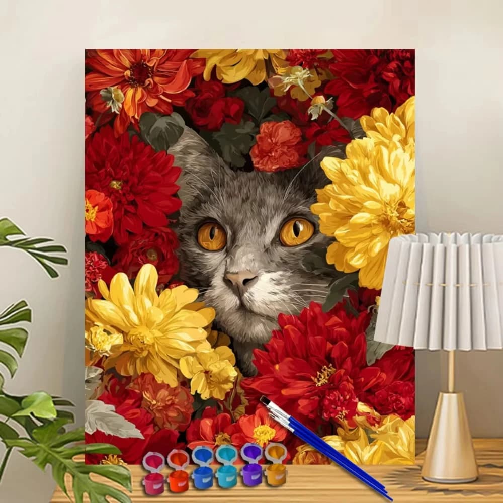 Acrylic Paint By Numbers Cat in The Flowers Painting By Numbers on Canvas Coloring By Number for Adults Paint Digital Art