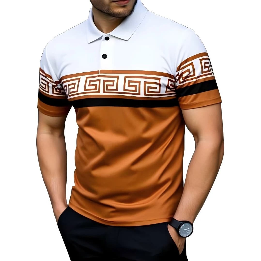 Nuova T-shirt sportiva estiva da uomo a contrasto, polo da golf versatile con stampa in stile etnico alla moda
