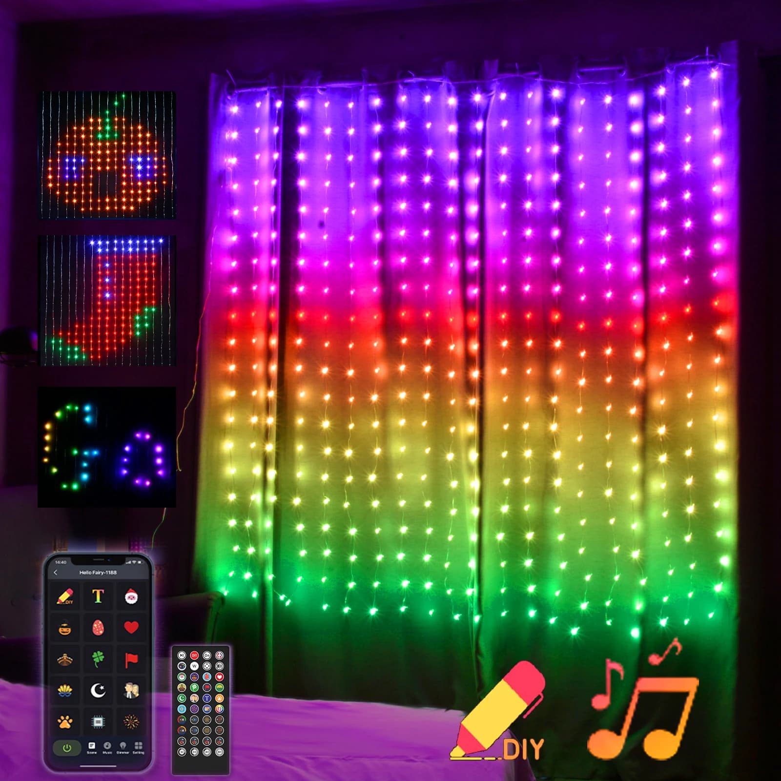 Elenut RGBIC Smart Curtain Lights Led Christmas Fairy Light Immagine fai da te con telecomando APP per la decorazione della ghirlanda del partito
