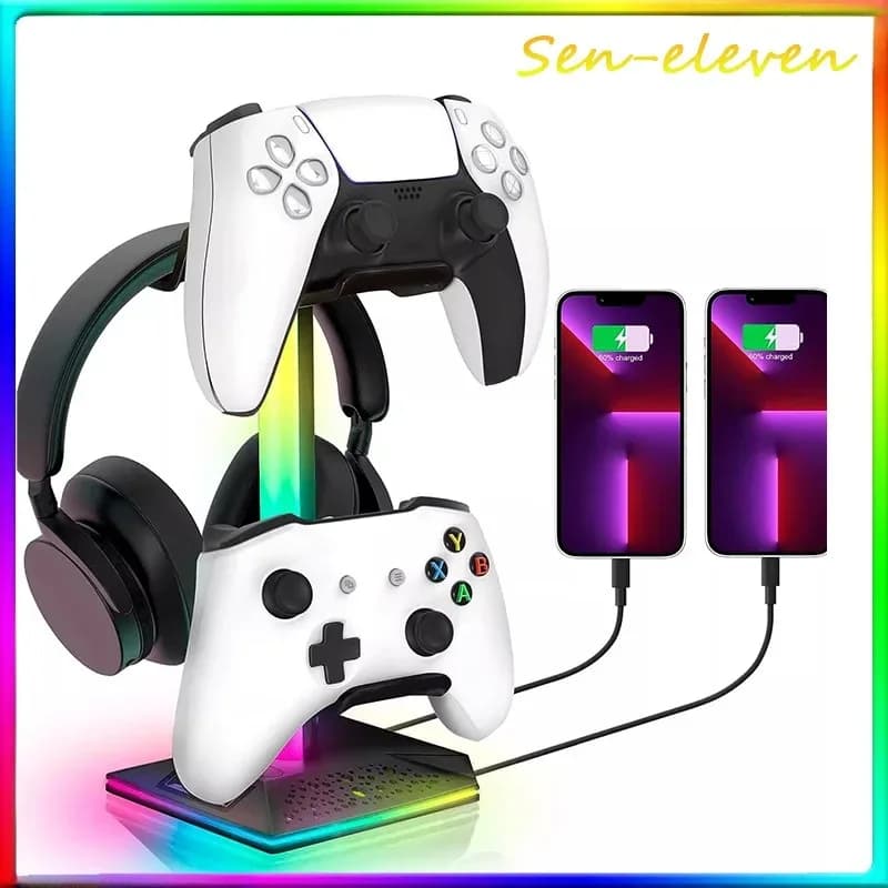 Supporto per cuffie da tavolo con luce ambientale a LED RGB CybJoy - Gancio per controller di gioco, docking station e espositore