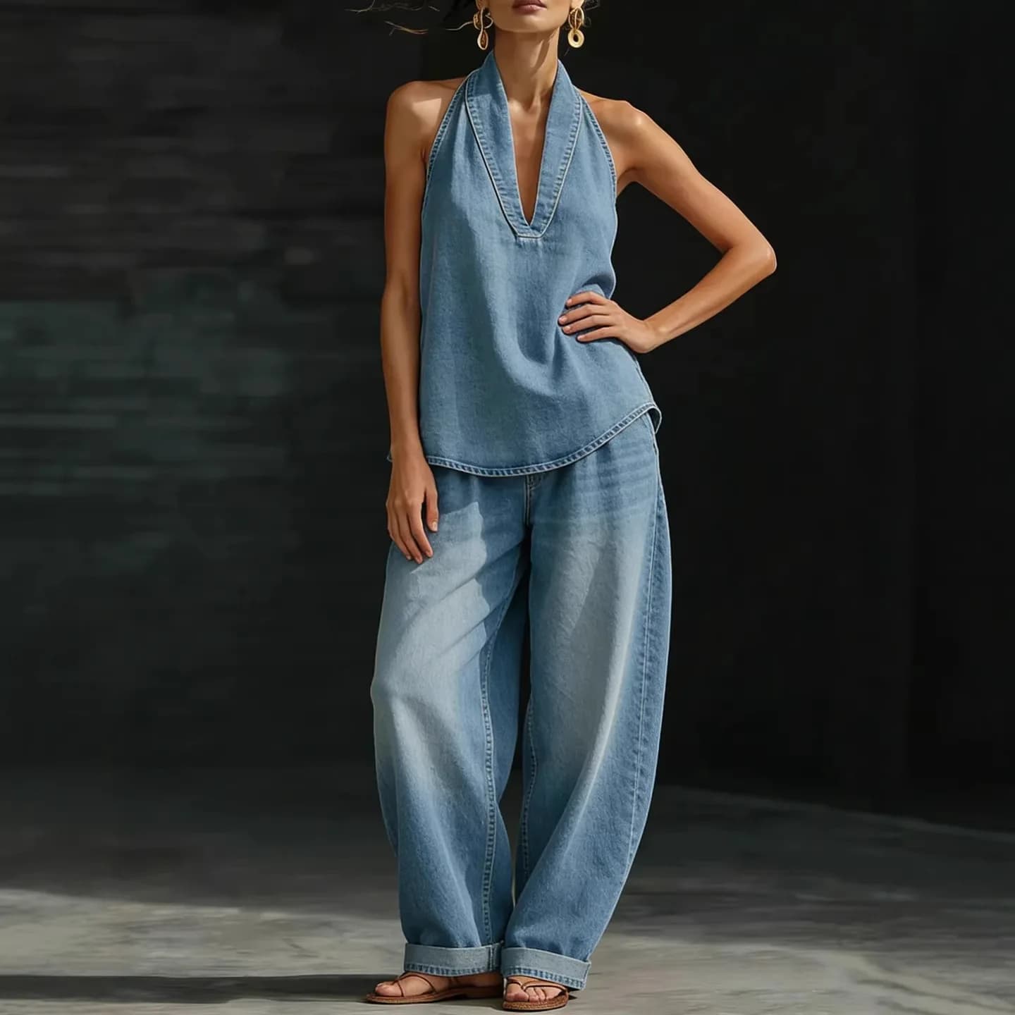 Completo Donna Sexy con Top Halter e Pantaloni, Top in Denim con Bottoni e Lacci, Pantaloni Dritti, Moda Primavera Estate 2026, Set 2 Pezzi