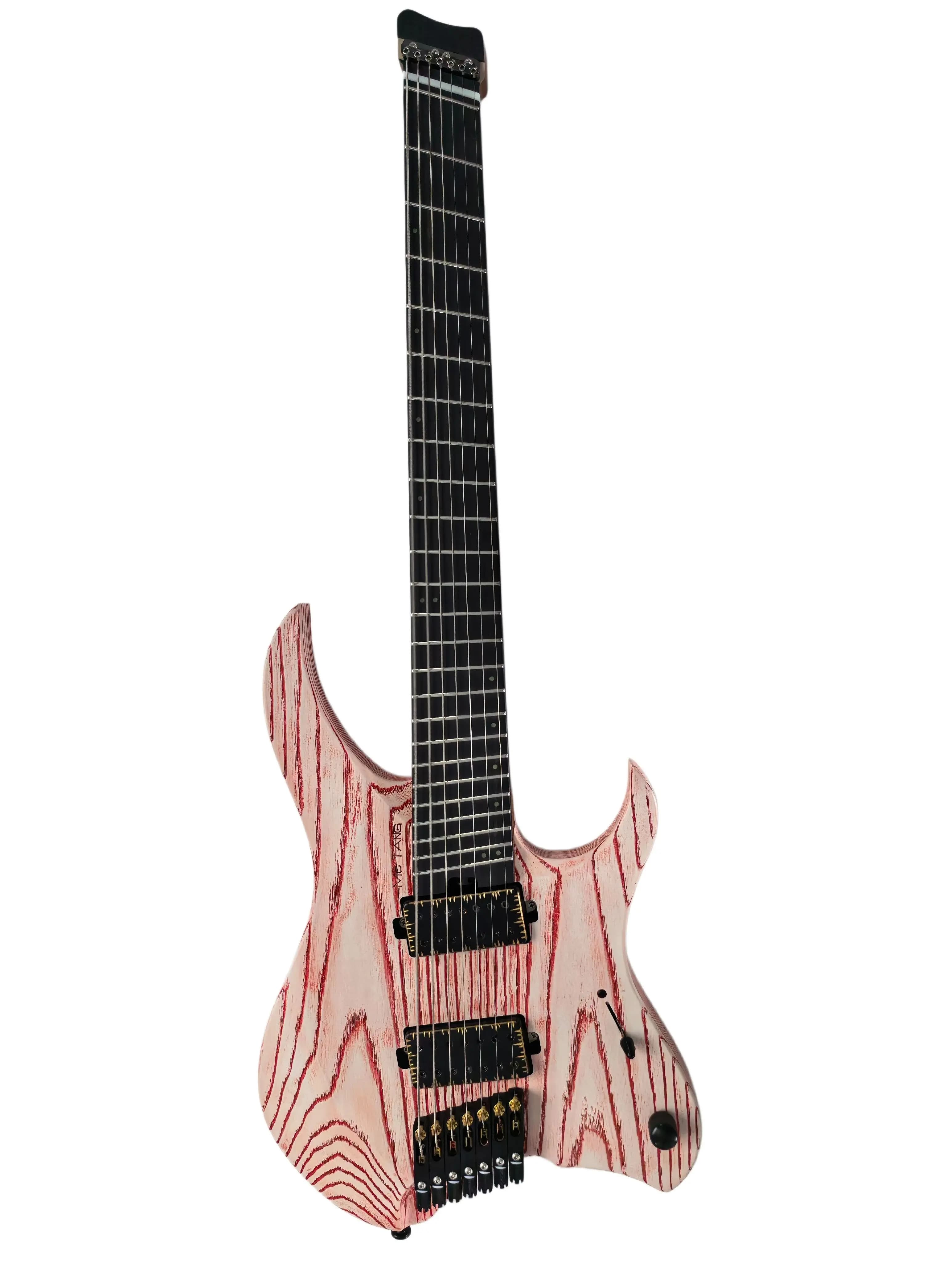 Chitarra elettrica senza testa McTang a 7 corde, tasti a forma di ventaglio, fatta a mano, sabbiata