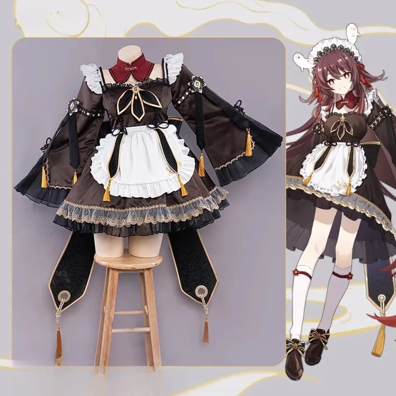 Gioco Genshin Impact Hu Tao Cameriera Cosplay Kawaii Carino Uniforme Vestito Crinolina per Le Donne Halloween Anime Party Gioco di Ruolo Vestito
