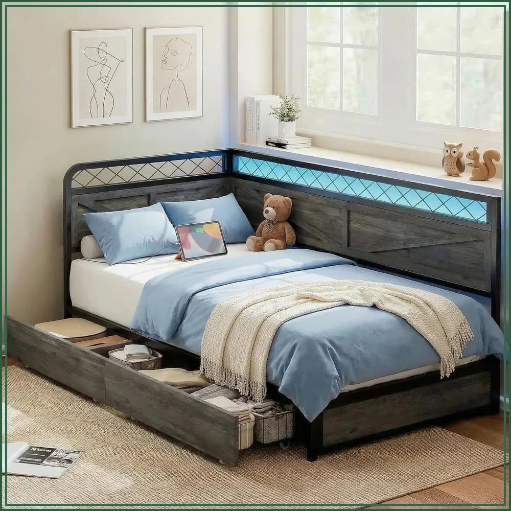Corner Daybed with Storage Drawers, LED Lights & Charging Station, Twin Size, No Box Spring Needed, Heavy Duty