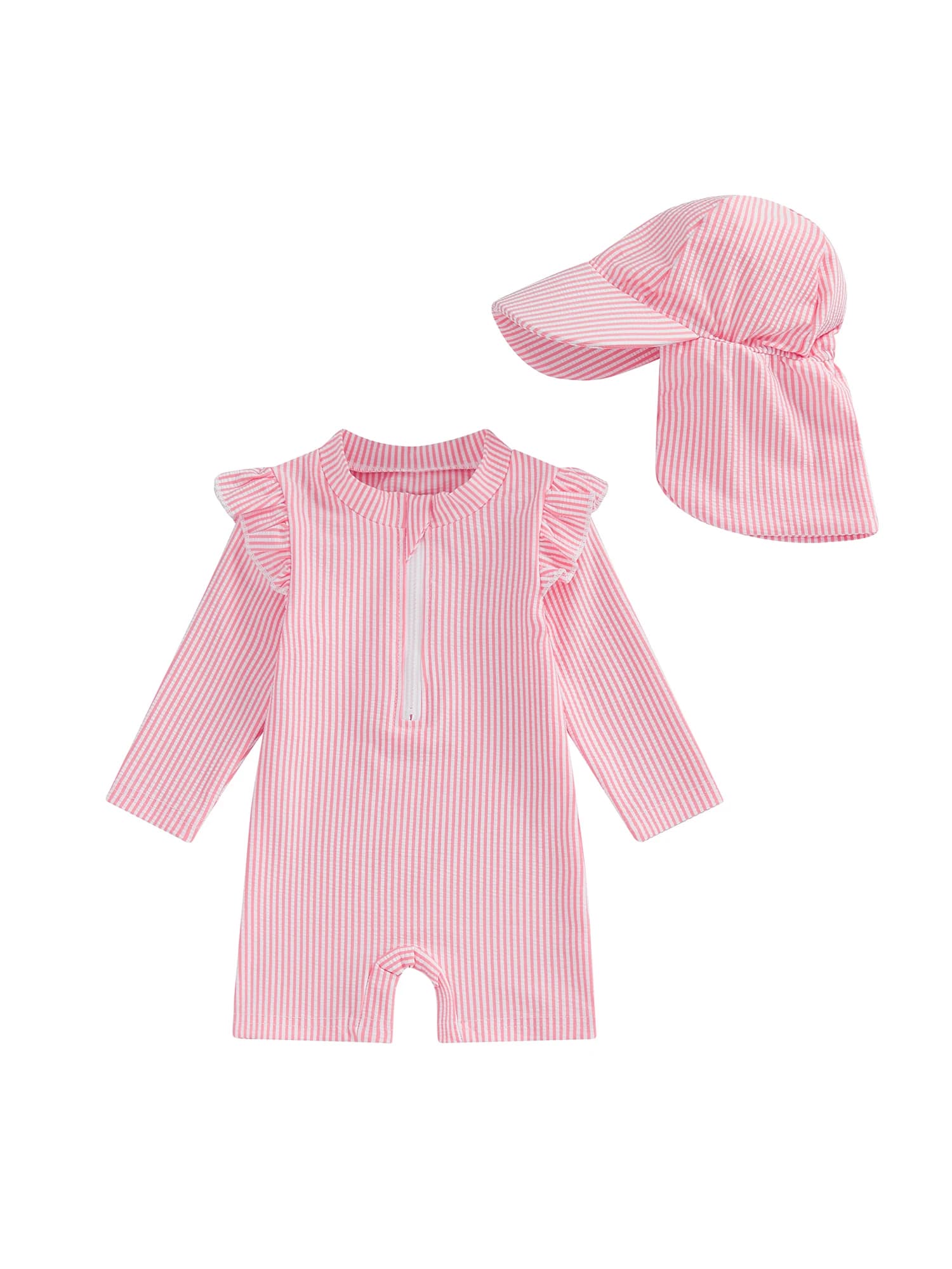 Costume da bagno da bambina con stampa floreale con cappello da sole Set da 2 pezzi con volant e zip a maniche lunghe, costumi da bagno