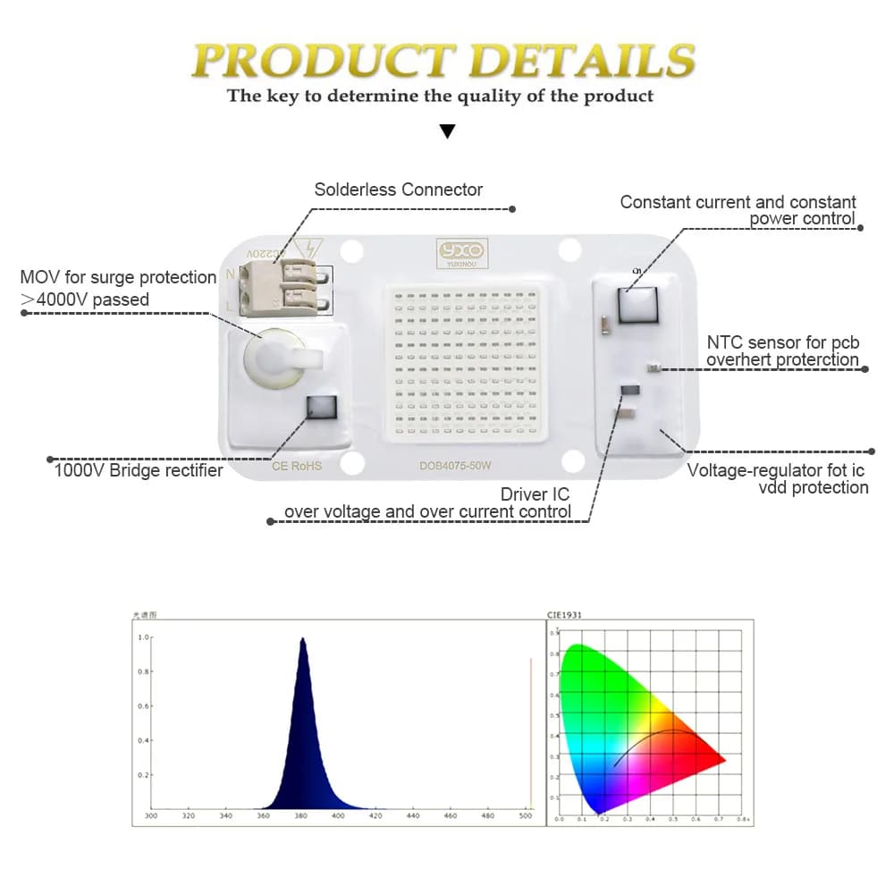 220V 50W LED UV ad alta potenza LED 395nm Lampadina UV chip lampada fluorescente a diodi con perline magnetiche per la polimerizzazione della stampante