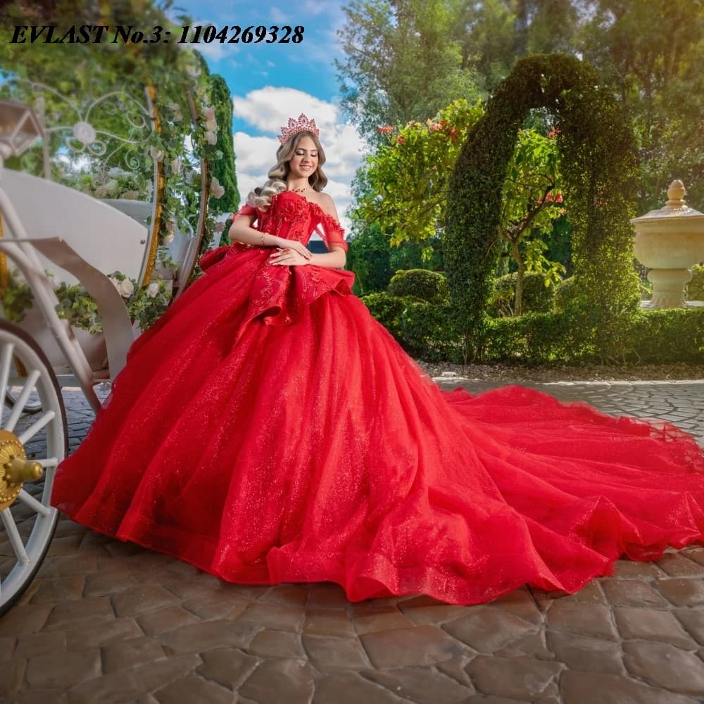 EVLAST Personalizzato Rosso Lucido Abito Quinceanera Abito di Sfera Glitter Applique di Pizzo Perline A File Dolce 16 Abiti Da 15 Anos E3Q773