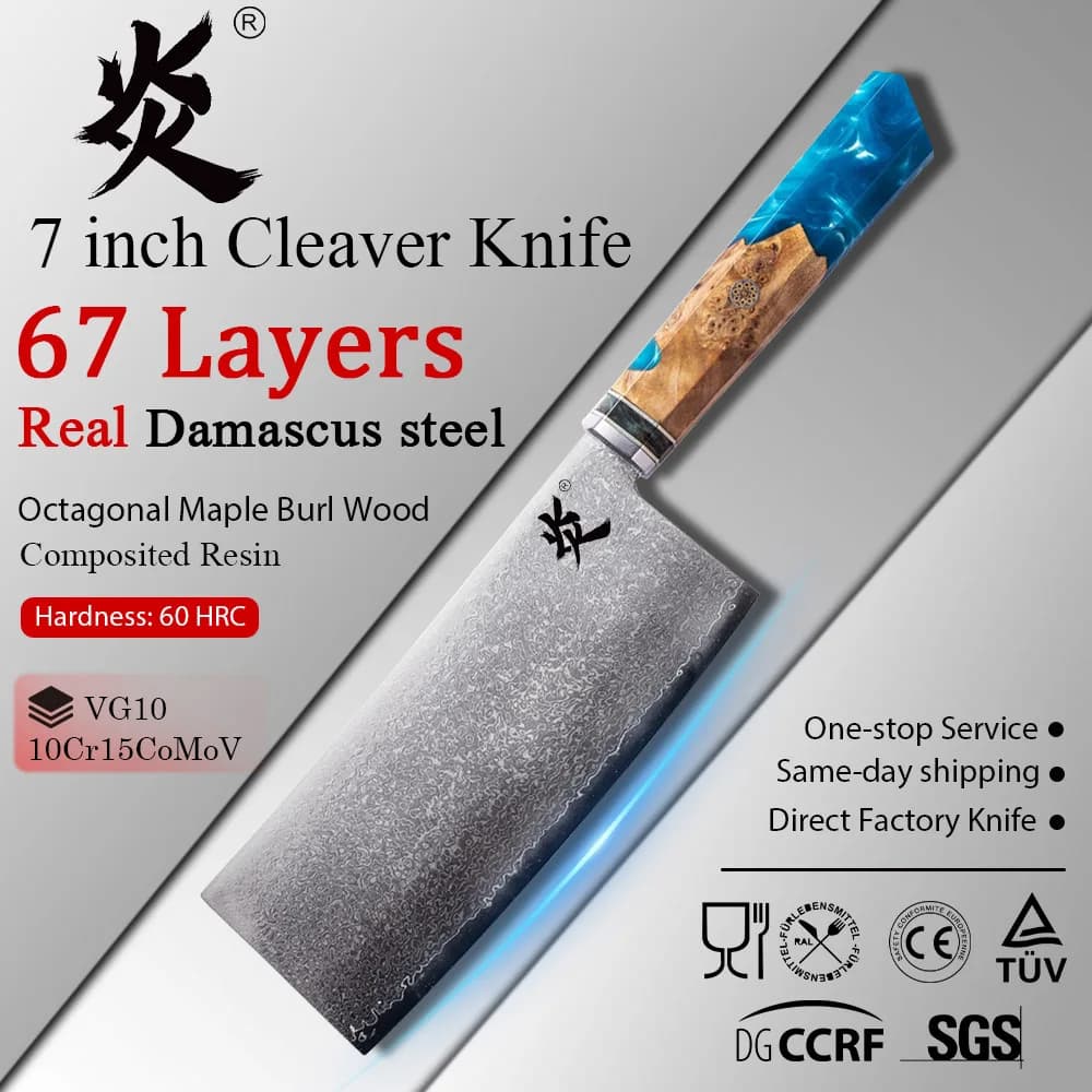 YAN Professional 7 inch Cleaver Knife Japanese Damascus VG10 Knife chef Kitchen Knife Octagonal Maple Burl Wood Composited Resin