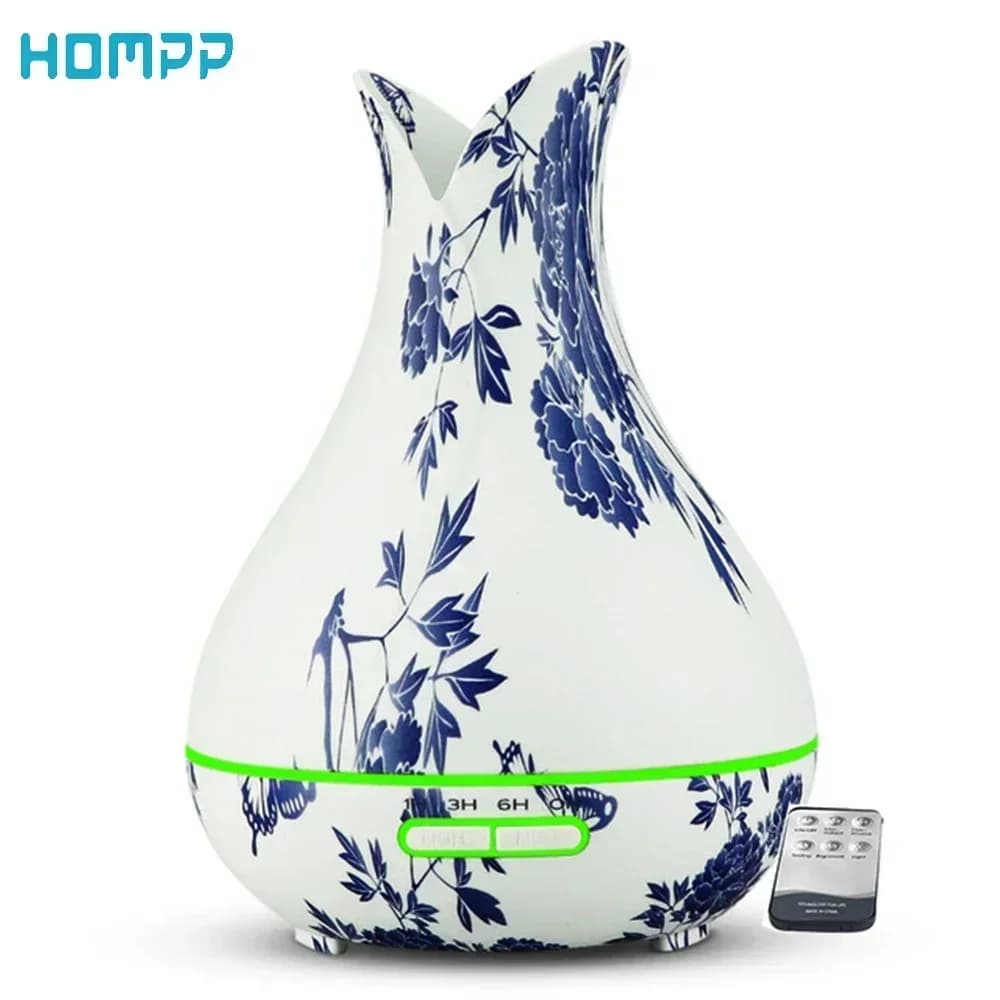 Umidificatore aromatico per aria fresca Diffusore di olio in legno blu e bianco Telecomando a 7 colori per spruzzatore di nebbia per ufficio domestico