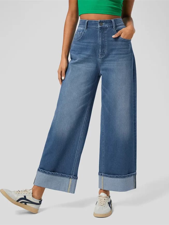 Fashionable High Waist Straight Leg Jeans Women's Clothing Spring New Style Cuffed Denim Pants Mid-aged plus Size Medium Stretch