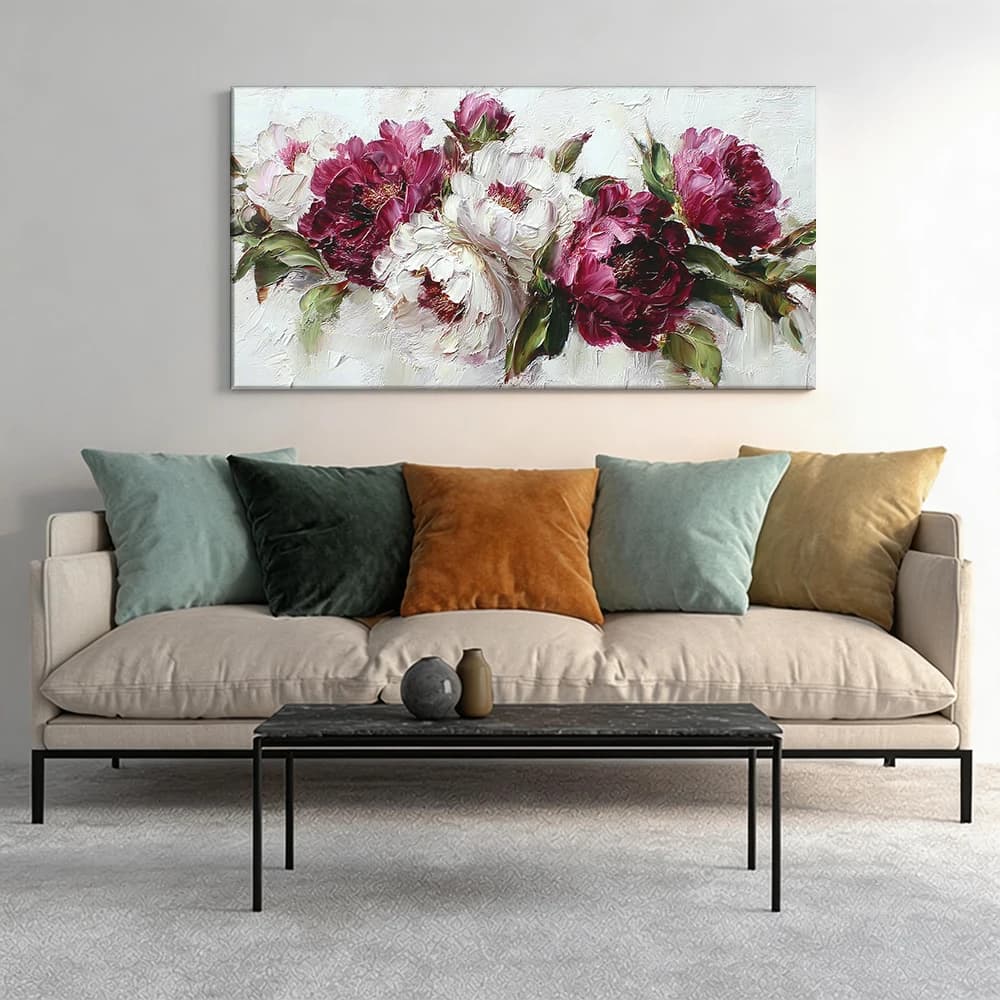 Painted on canvas with large wooden frame, 1 piece, oil-painted peonie bouquet, white background.