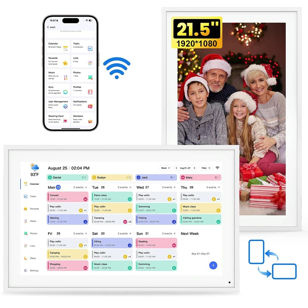 NEWYES Calendario digitale da 21,5" 2026 Smart Family Planner Grafico dei lavori domestici Touchscreen interattivo Full HD 1080P Montaggio su parete e scrivania
