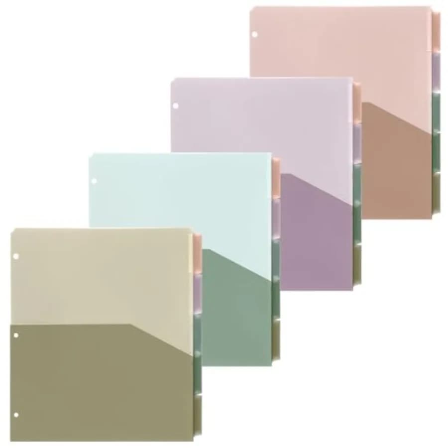 4 Sets 5 Tab Plastic Binder Dividers, Plastic Index with Pocket for 3 Ring Binder, Colorful Letter Size Sheet Protector for Bac