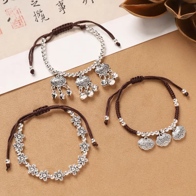 Vintage Hand-woven Longevity Lock Bell Bracelets for Women Men Ethnic Flower Shaped Tibetan Silver Luxury Jewelry Accessories