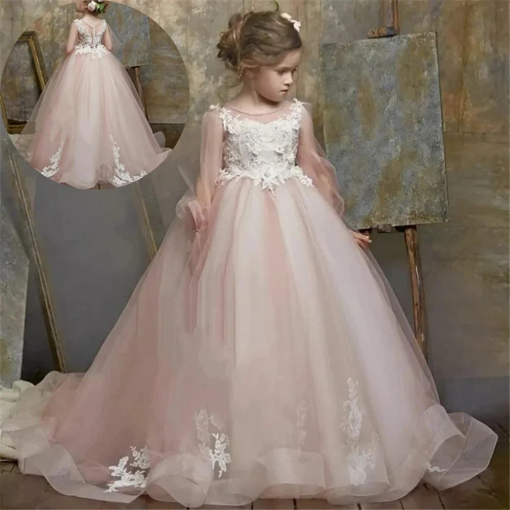 Elegante abito da ragazza di fiori con applicazioni in pizzo bianco tulle rosa gonfio per matrimonio, regalo di compleanno per bambini, festa, banchetti, abiti da principessa