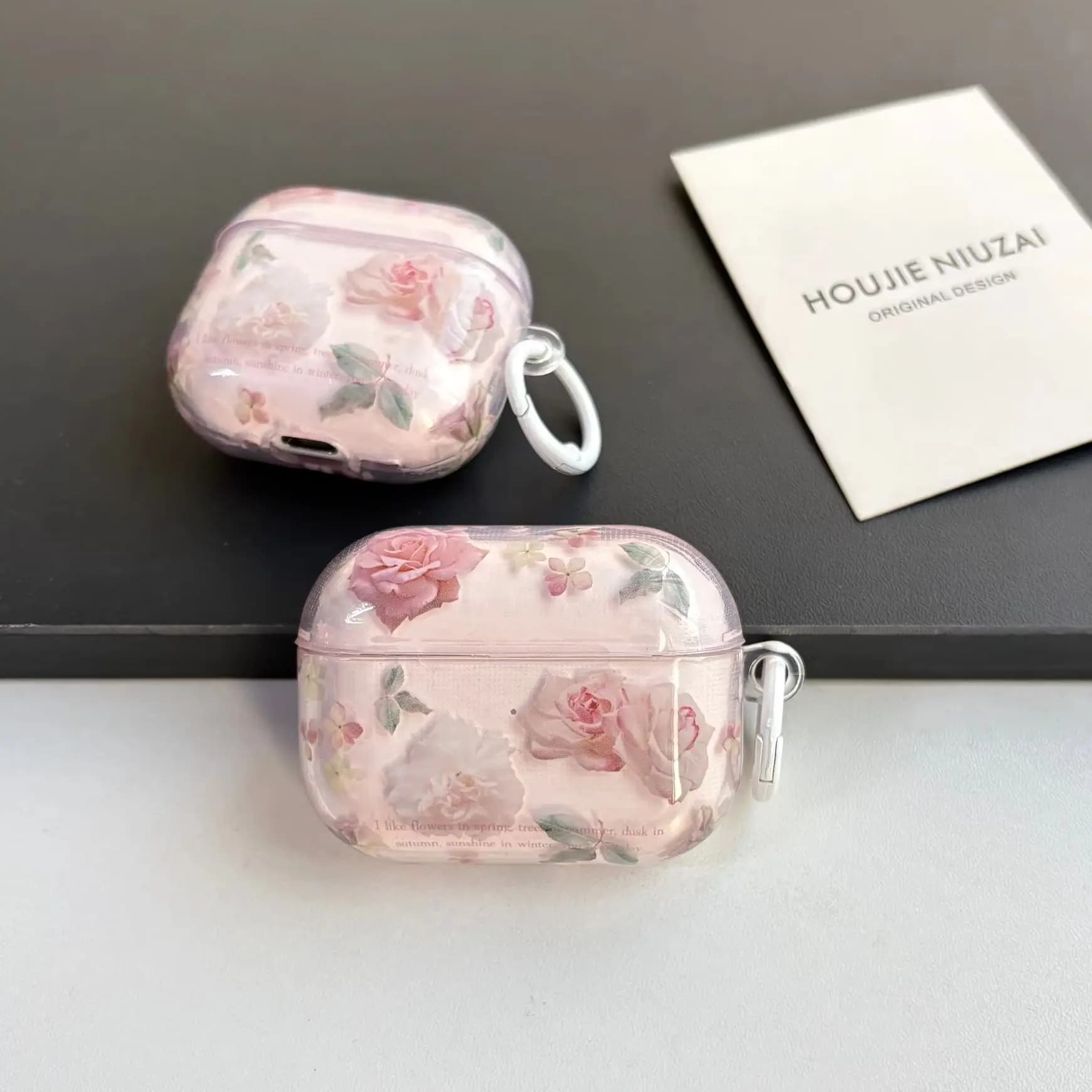 Custodia per auricolari trasparente lucida con motivo floreale a peonia rosa estiva per AirPods 1 2 3 4 Pro Pro2 Pro3 con anello